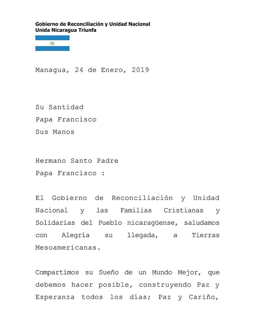 Nicaragua envía mensaje de bienvenida al Papa Francisco a tierras mesoamericanas